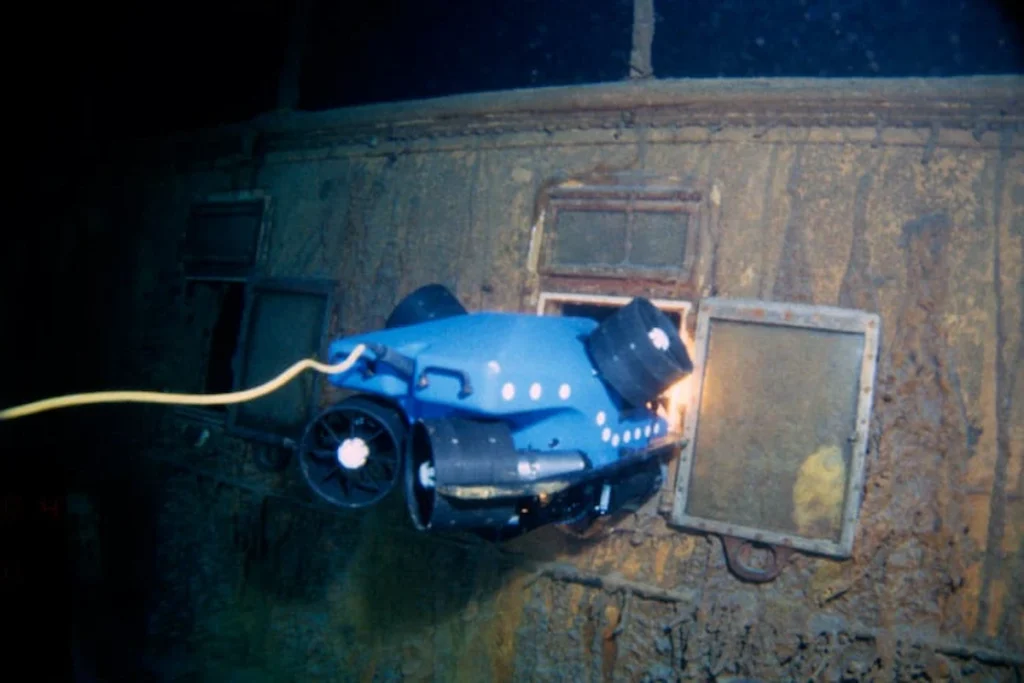 An ROV explores the Titanic underwater